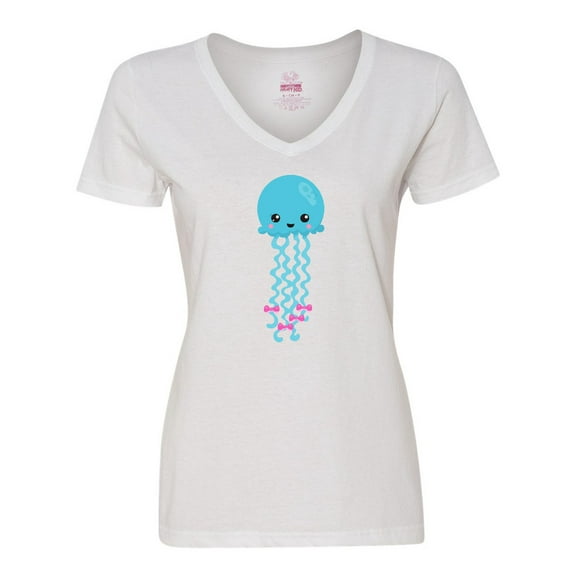 Inktastic Blue Jellyfish, Cute Jellyfish With Pink Ribbons Women's V-Neck T-Shirt