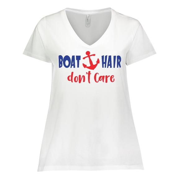 Inktastic Boat Hair Don't Care, Anchor, Sailing - Red Blue Women's Plus Size V-Neck T-Shirt