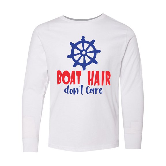 Inktastic Boat Hair Don't Care, Steering Wheel - Red Blue Long Sleeve Youth T-Shirt