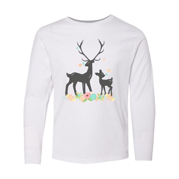 Inktastic Boho Deer, Deer Silhouette, Baby Deer, Flowers Long Sleeve Youth T-Shirt