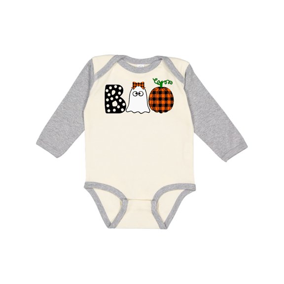 Inktastic Boo Halloween Ghost and Plaid Pumpkin Boys or Girls Long Sleeve Baby Bodysuit
