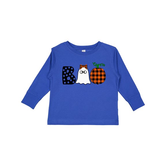 Inktastic Boo Halloween Ghost and Plaid Pumpkin Boys or Girls Long Sleeve Toddler T-Shirt