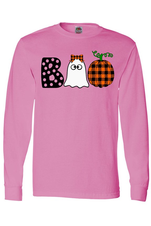 Boo Halloween Ghost and Plaid Pumpkin Long Sleeve T-Shirt