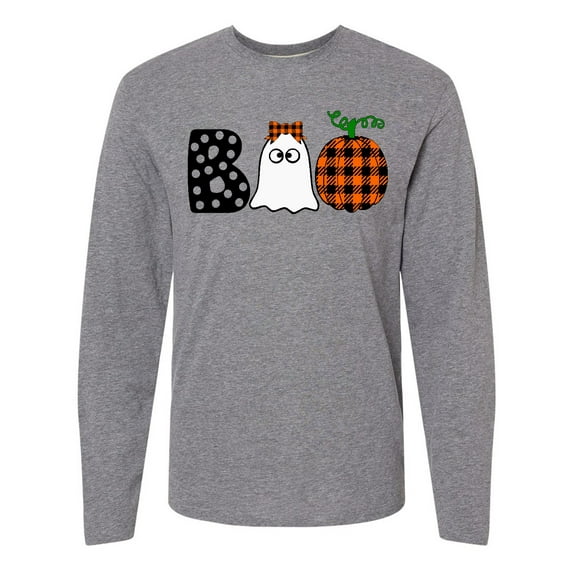 Inktastic Boo Halloween Ghost and Plaid Pumpkin Long Sleeve T-Shirt