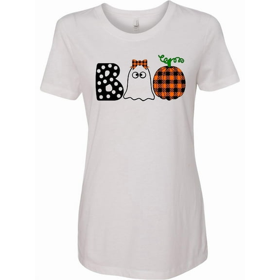 Inktastic Boo Halloween Ghost and Plaid Pumpkin Women's T-Shirt
