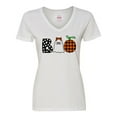 thumbnail image 1 of Inktastic Boo Halloween Ghost and Plaid Pumpkin Women's V-Neck T-Shirt, 1 of 5