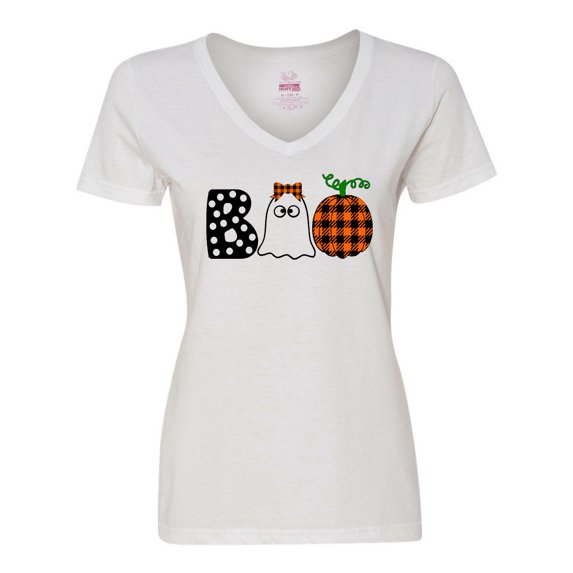 Inktastic Boo Halloween Ghost and Plaid Pumpkin Women's V-Neck T-Shirt