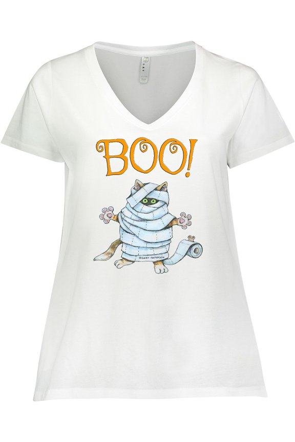 Boo with Mummy Cat Women's Plus Size V-Neck T-Shirt
