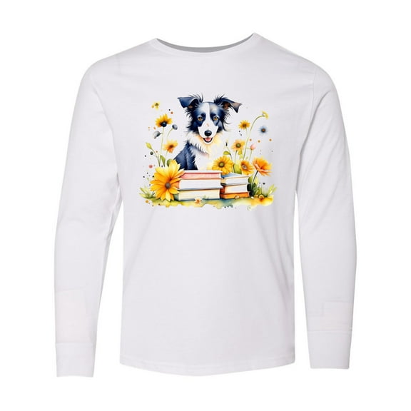 Inktastic Bookworm Border Collie Long Sleeve Youth T-Shirt