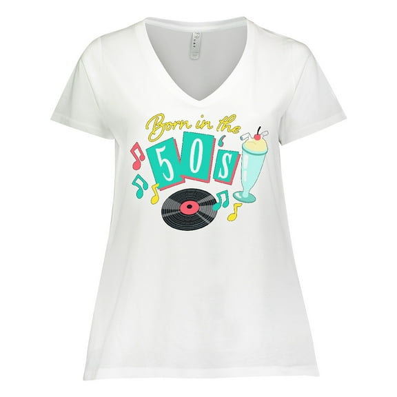 Inktastic Born in the 50's Record and Music Notes Women's Plus Size V-Neck T-Shirt