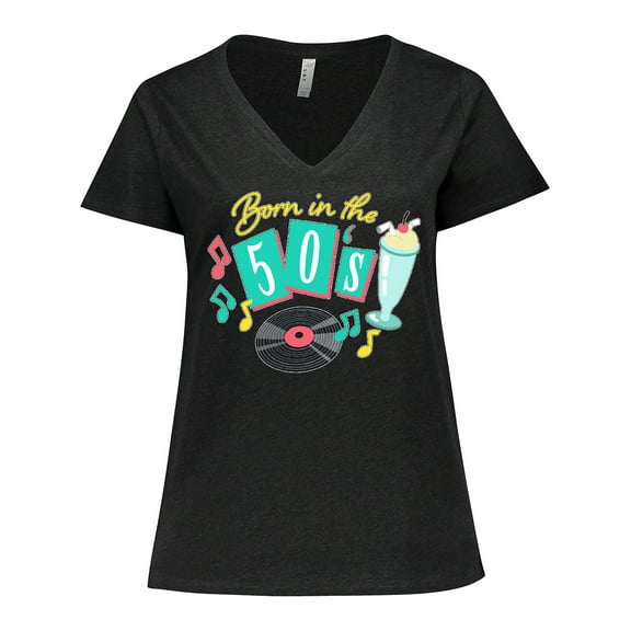 Inktastic Born in the 50's Record and Music Notes Women's Plus Size V-Neck T-Shirt
