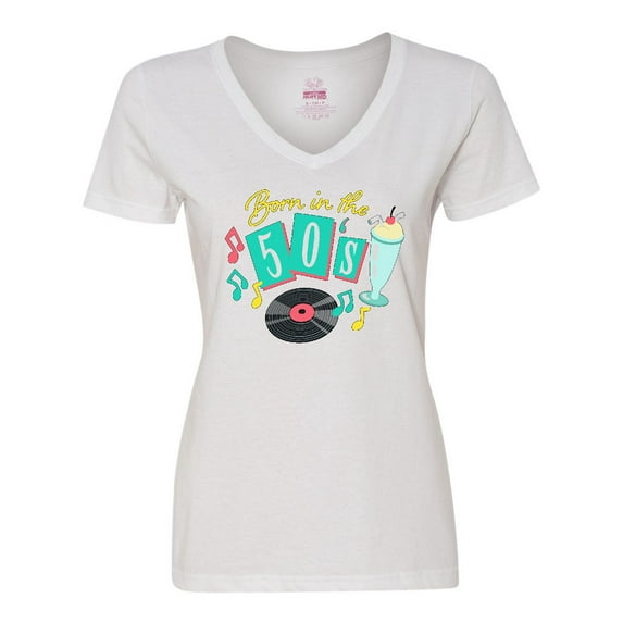 Inktastic Born in the 50's Record and Music Notes Women's V-Neck T-Shirt