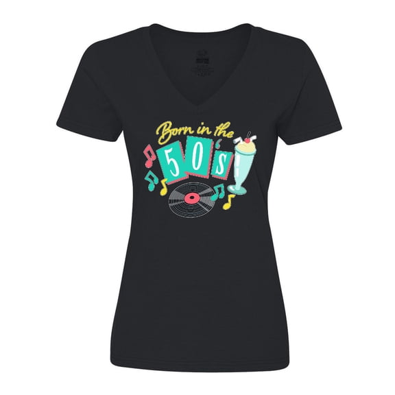 Inktastic Born in the 50's Record and Music Notes Women's V-Neck T-Shirt