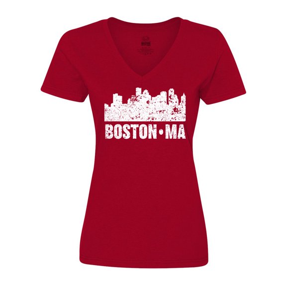 Inktastic Boston Massachusetts City Skyline with Grunge Women's V-Neck T-Shirt