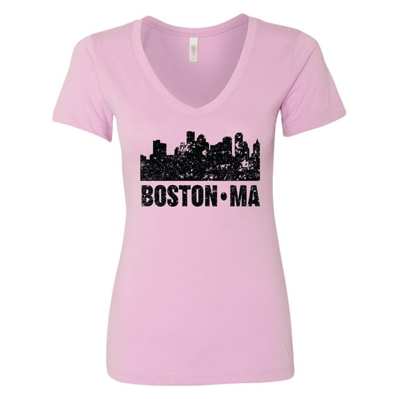 Inktastic Boston Massachusetts City Skyline with Grunge Women's V-Neck T-Shirt