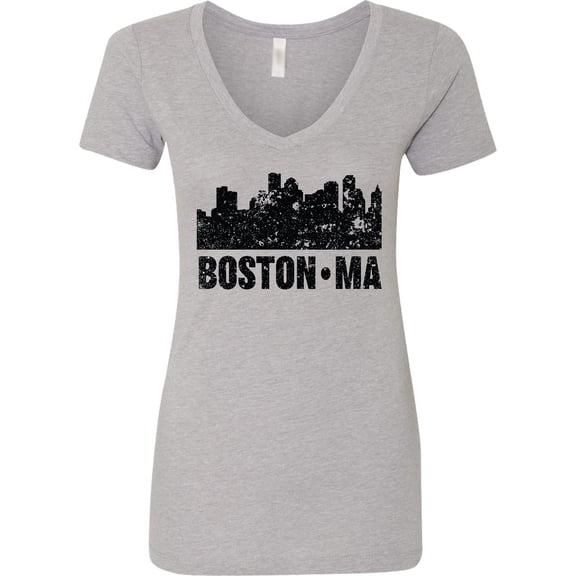 Inktastic Boston Massachusetts City Skyline with Grunge Women's V-Neck T-Shirt