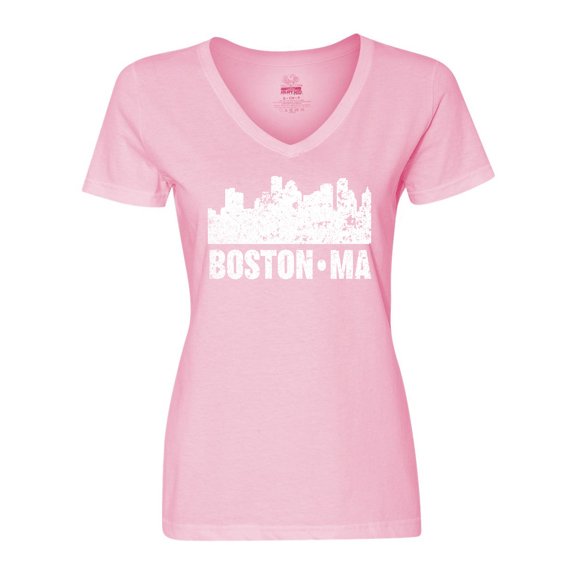 Inktastic Boston Massachusetts City Skyline with Grunge Women's V-Neck T-Shirt