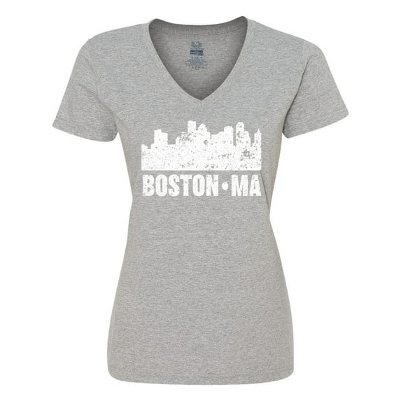 Inktastic Boston Massachusetts City Skyline with Grunge Women's V-Neck T-Shirt