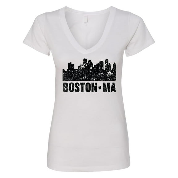Inktastic Boston Massachusetts City Skyline with Grunge Women's V-Neck T-Shirt