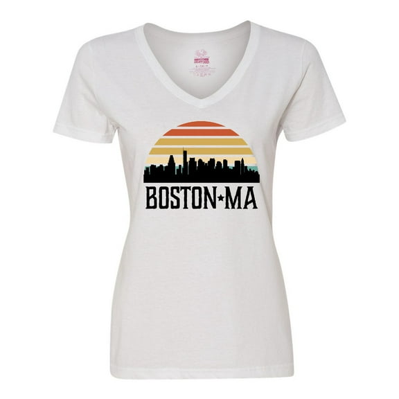 Inktastic Boston Massachusetts Skyline Sunset Women's V-Neck T-Shirt