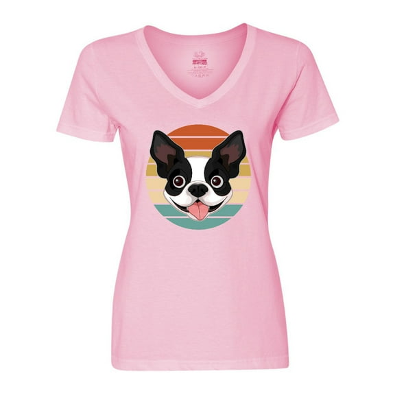 Inktastic Boston Terrier Dog Retro Sunset Women's V-Neck T-Shirt