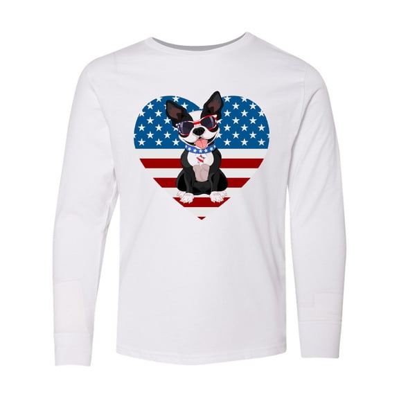 Inktastic Boston Terrier Dog US Flag July 4th Long Sleeve Youth T-Shirt