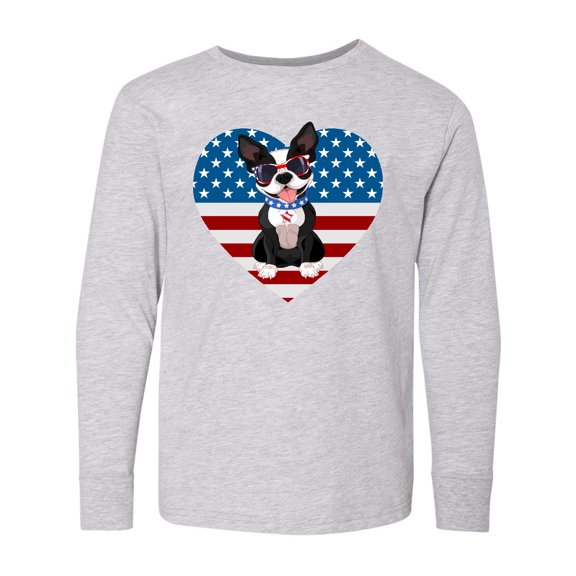 Inktastic Boston Terrier Dog US Flag July 4th Long Sleeve Youth T-Shirt