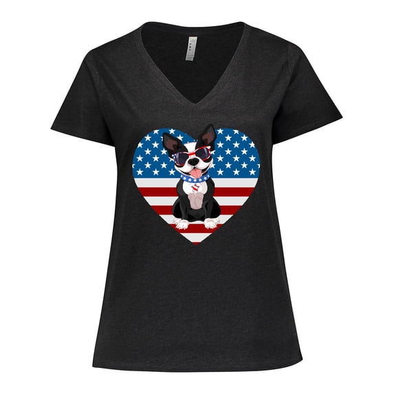 Inktastic Boston Terrier Dog US Flag July 4th Women's Plus Size V-Neck T-Shirt
