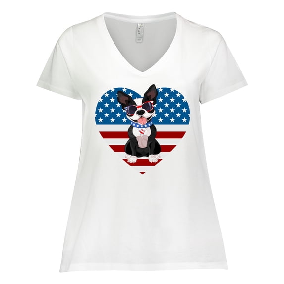 Inktastic Boston Terrier Dog US Flag July 4th Women's Plus Size V-Neck T-Shirt