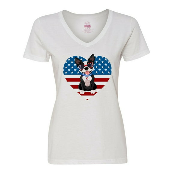Inktastic Boston Terrier Dog US Flag July 4th Women's V-Neck T-Shirt