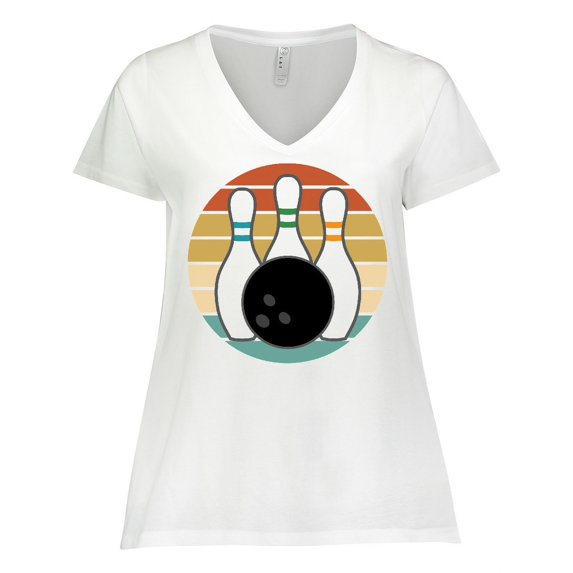 Inktastic Bowling Pins Ball Bowler Retro Sunset Women's Plus Size V-Neck T-Shirt