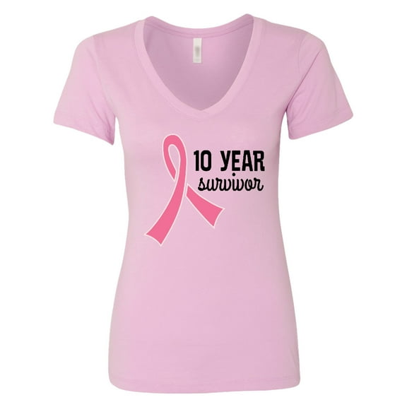 Inktastic Breast Cancer 10 Year Survivor Pink Ribbon Women's V-Neck T-Shirt
