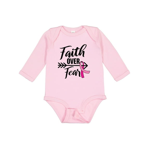 Inktastic Breast Cancer Awareness Faith over Fear with Pink Ribbon and Arrow Girls Long Sleeve Baby Bodysuit