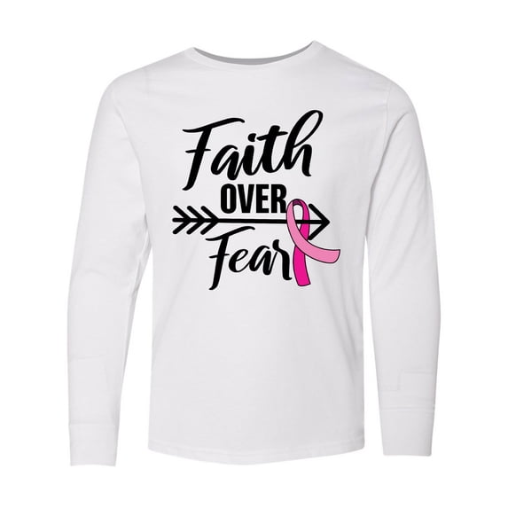 Inktastic Breast Cancer Awareness Faith over Fear with Pink Ribbon and Arrow Long Sleeve Youth T-Shirt