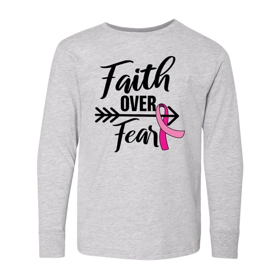 Inktastic Breast Cancer Awareness Faith over Fear with Pink Ribbon and Arrow Long Sleeve Youth T-Shirt