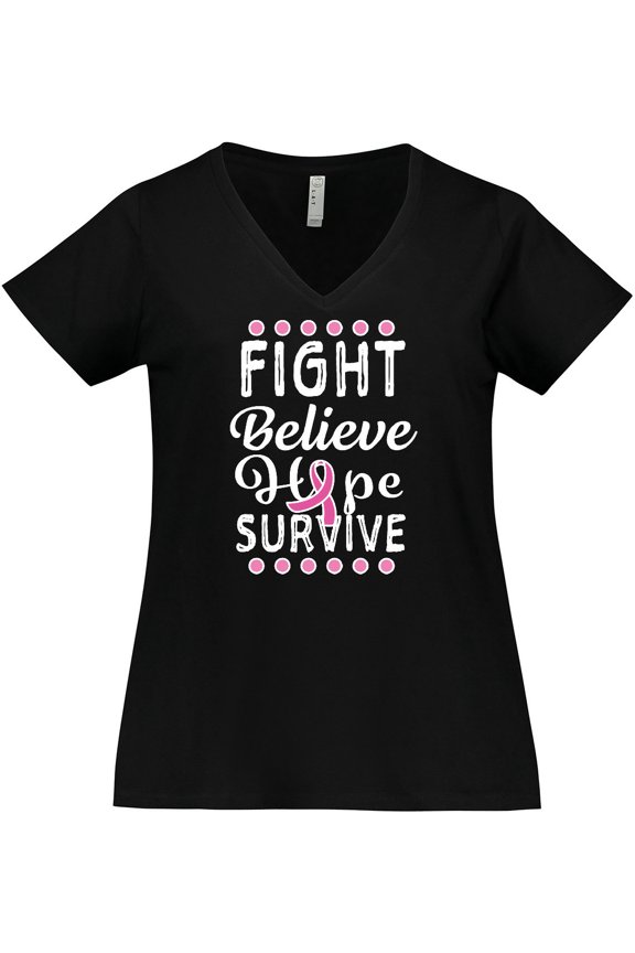 Breast Cancer Awareness Fight Believe Hope Survive Women's Plus Size V-Neck T-Shirt