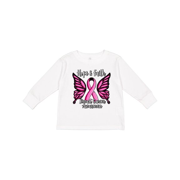 Inktastic Breast Cancer Awareness Hope and Faith with Butterfly Ribbon Girls Long Sleeve Toddler T-Shirt