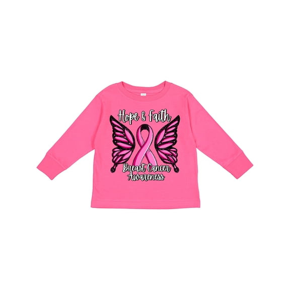 Inktastic Breast Cancer Awareness Hope and Faith with Butterfly Ribbon Girls Long Sleeve Toddler T-Shirt