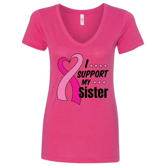 Inktastic Breast Cancer Awareness I Support My Sister with Pink Ribbon Women's V-Neck T-Shirt