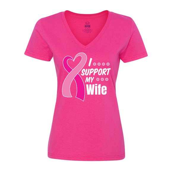 Inktastic Breast Cancer Awareness I Support My Wife with Pink Ribbon Women's V-Neck T-Shirt