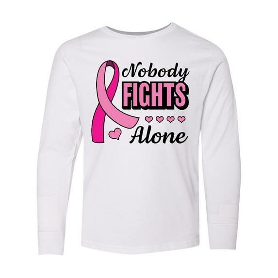 Inktastic Breast Cancer Awareness Nobody Fights Alone Pink Ribbon Long Sleeve Youth T-Shirt