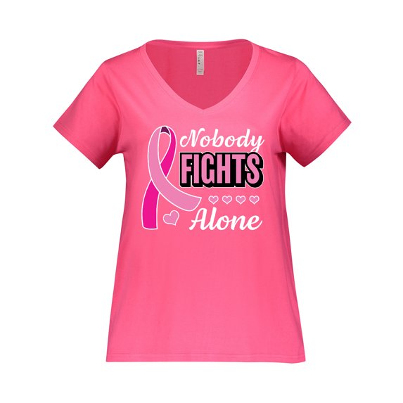 Inktastic Breast Cancer Awareness Nobody Fights Alone Pink Ribbon Women's Plus Size V-Neck T-Shirt