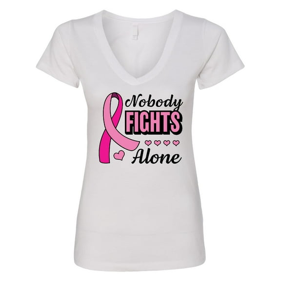 Inktastic Breast Cancer Awareness Nobody Fights Alone Pink Ribbon Women's V-Neck T-Shirt