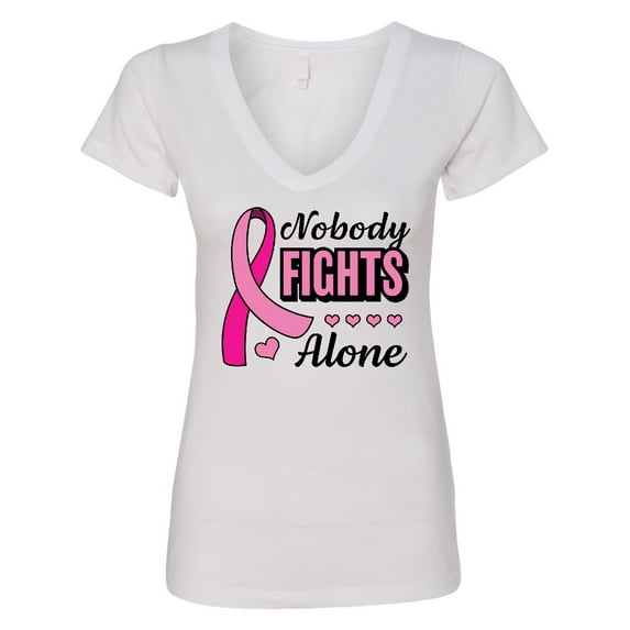 Inktastic Breast Cancer Awareness Nobody Fights Alone Pink Ribbon Women's V-Neck T-Shirt