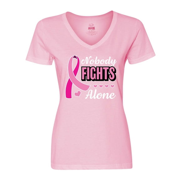 Inktastic Breast Cancer Awareness Nobody Fights Alone Pink Ribbon Women's V-Neck T-Shirt