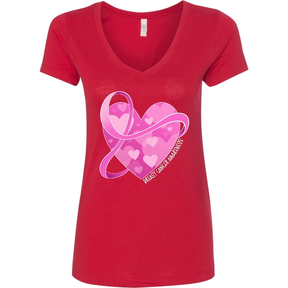Inktastic Breast Cancer Awareness Pink Ribbon Around Heart Women's V-Neck T-Shirt