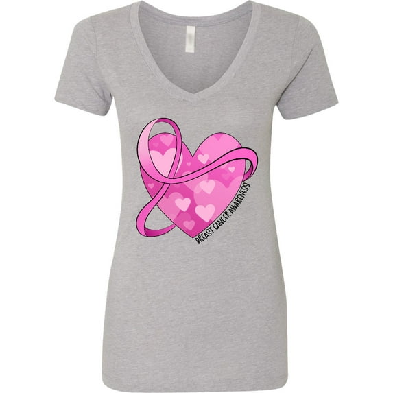 Inktastic Breast Cancer Awareness Pink Ribbon Around Heart Women's V-Neck T-Shirt