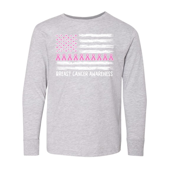 Inktastic Breast Cancer Awareness Pink Ribbons and Flag Long Sleeve Youth T-Shirt