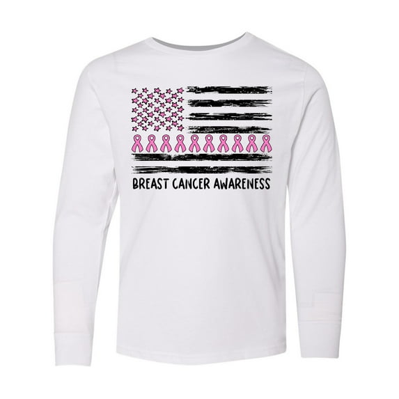 Inktastic Breast Cancer Awareness Pink Ribbons and Flag Long Sleeve Youth T-Shirt