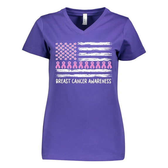 Inktastic Breast Cancer Awareness Pink Ribbons and Flag Women's V-Neck T-Shirt